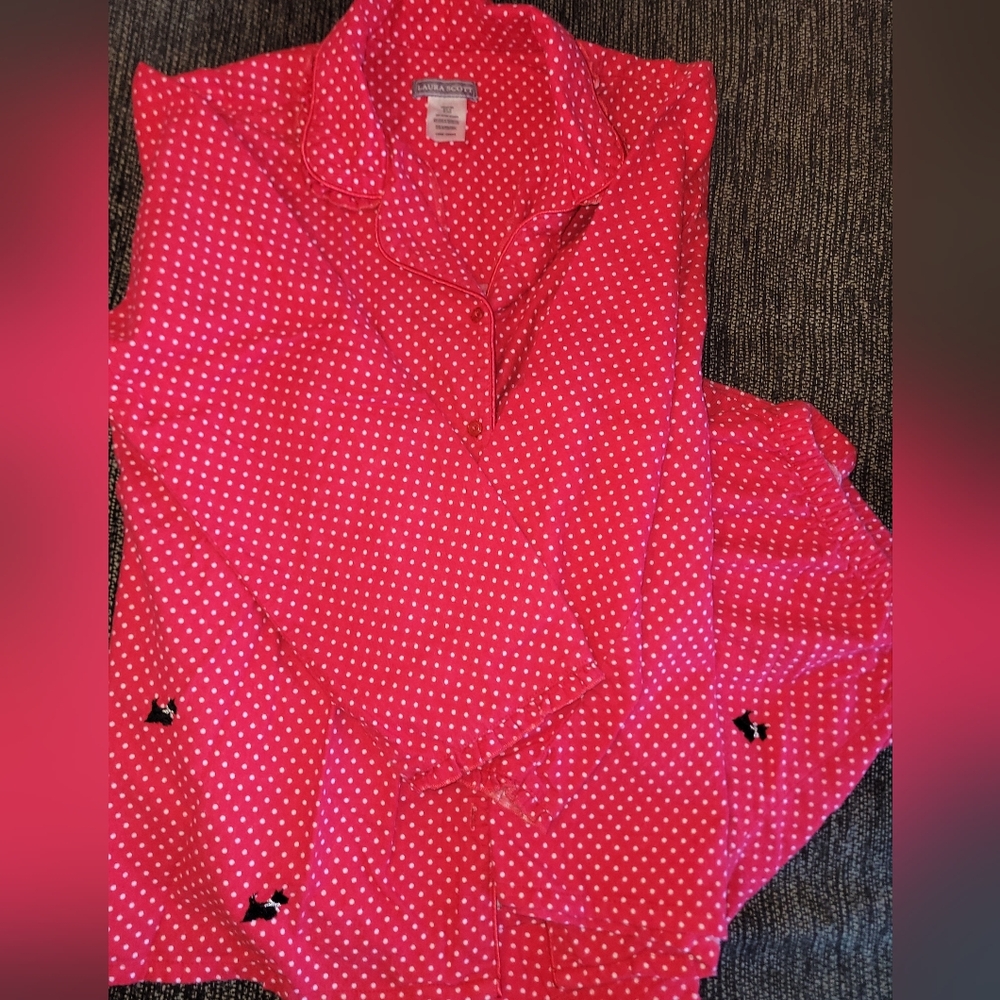 LAURA SCOTT PJ LONG SLEEVE SET SCOTTIE DOG POLKA DOT WOMENS SZ LARGE RUFFLES RED